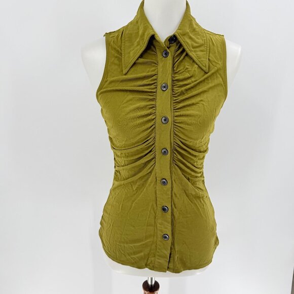 Proenza Schouler White Label Sleeveless Ruched Button-Up Olive Green Viscose Top - Picture 2 of 6